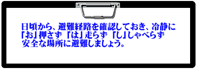 日頃から、避難経路を確認しておき、冷静に 「お」押さず 「は」走らず 「し」しゃべらず 安全な場所に避難しましょう。
