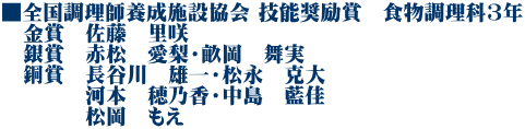 ■全国調理師養成施設協会 技能奨励賞　食物調理科3年 　金賞　佐藤　里咲 　銀賞　赤松　愛梨・畝岡　舞実 　銅賞　長谷川　雄一・松永　克大 　　　　河本　穂乃香・中島　藍佳 　　　　松岡　もえ